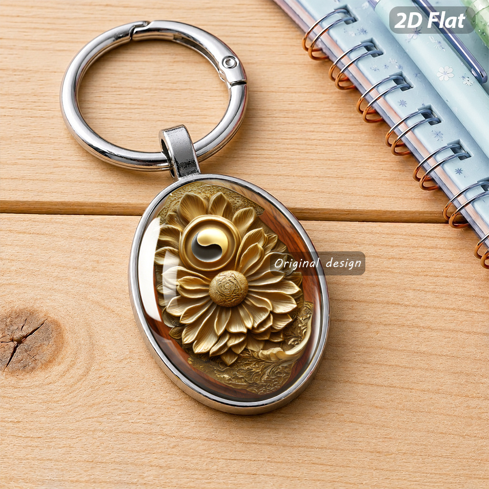 Tai Chi Lotus Pattern Oval Pendant Keychain